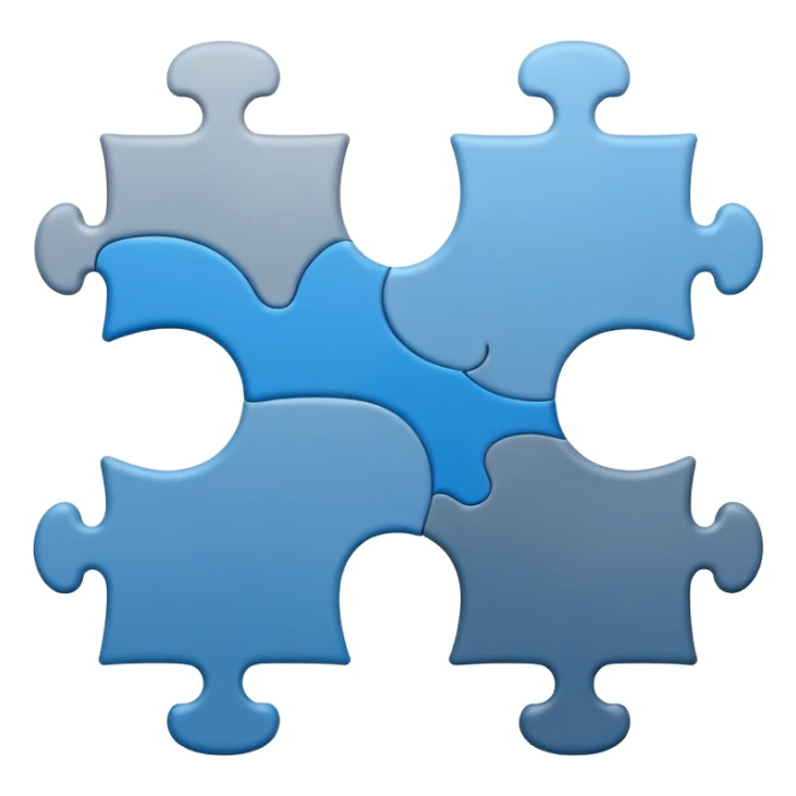 Minimal flat-style puzzle piece emoji in blue and grey, professional design for business presentation, clean edges, modern corporate aesthetic sticker