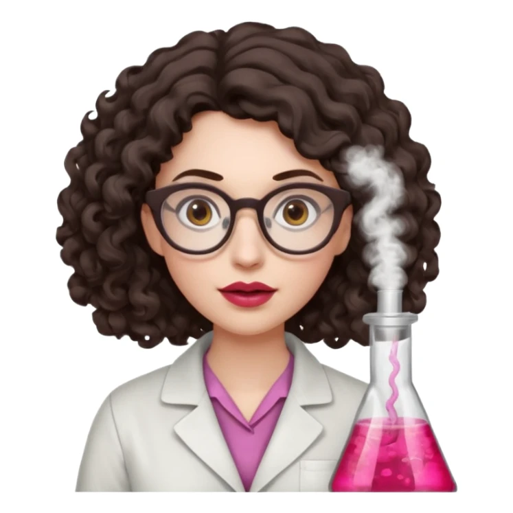 A crazy female scientist, with curly-wavy dark brown medium lenght hair, brown eyes and light grey glasses and pale skin and pinkish lips, dressed to look like an english teacher but in neutral tones like grey black white, maybe with the pop of dark red, she should look slighltly insane sticker