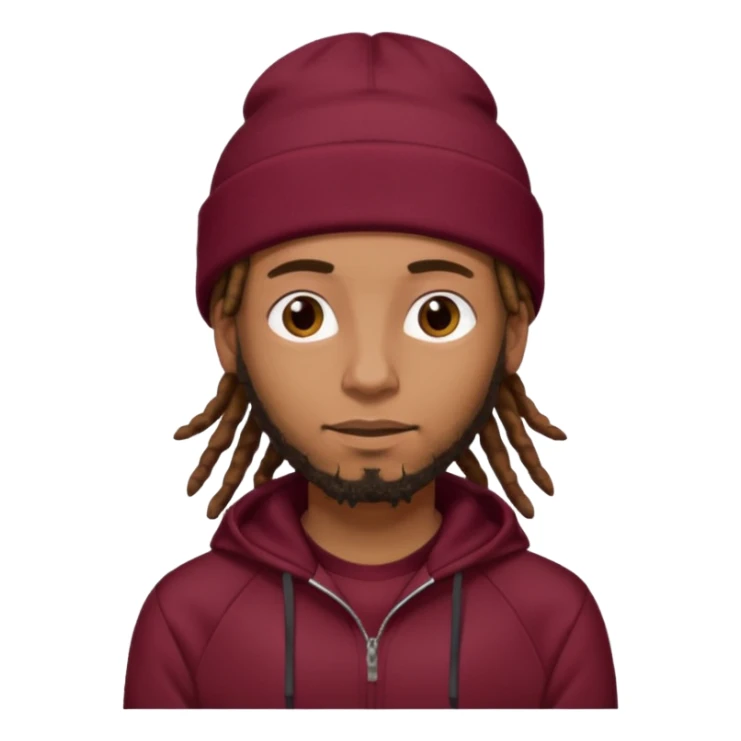 Animate a caramel skinned male with brown dreads and a tan colored  beanie with a burgundy tracksuit on with no beard  sticker