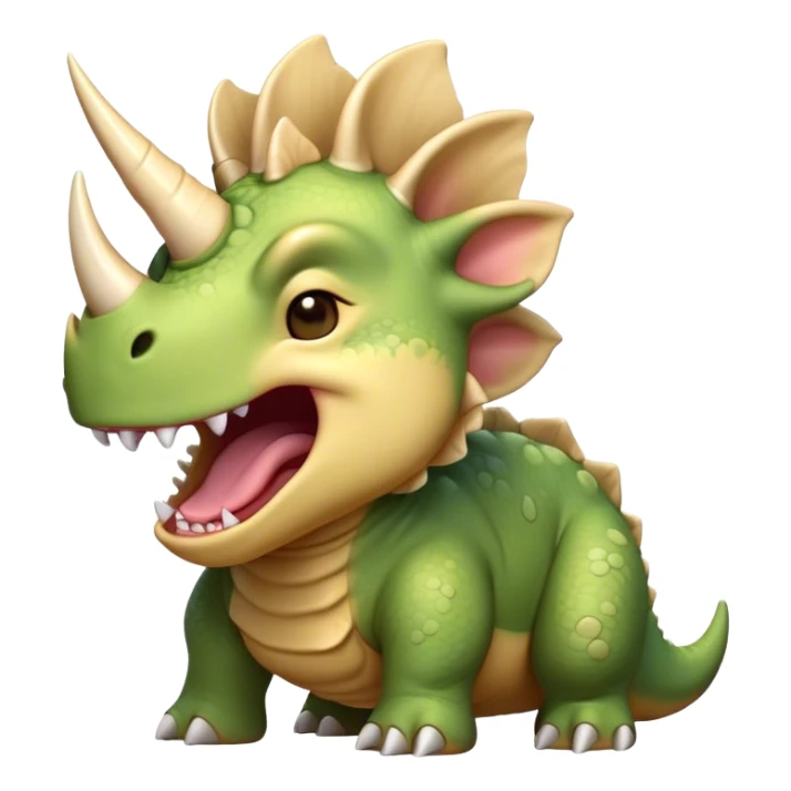 Cinematic Cute Yawning Triceratops Portrait Emoji, Head tilted slightly with a dramatic, wide-open yawn, showcasing a robust, horned body with a frilled head and sleepy, half-closed eyes, Simplified yet irresistibly cute features, highly detailed, glowing with a soft, cozy prehistoric glow, high shine, relaxed yet expressive, stylized with a dash of whimsical ancient charm, soft glowing outline, capturing the essence of a drowsy yet affectionate Triceratops that appears ready to stretch and yawn its way out of the screen! sticker