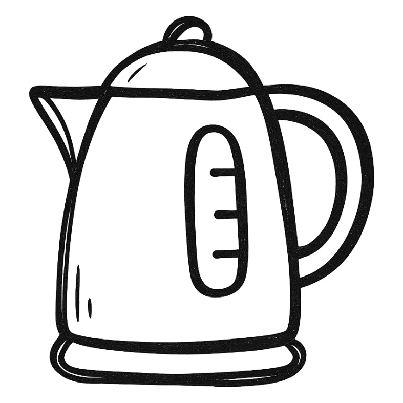 electric kettle, hand drawn black outline, no fill sticker