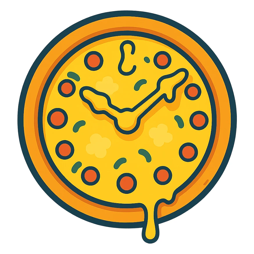 a pizza clock with melted cheese forming the clock hands, whimsical style sticker