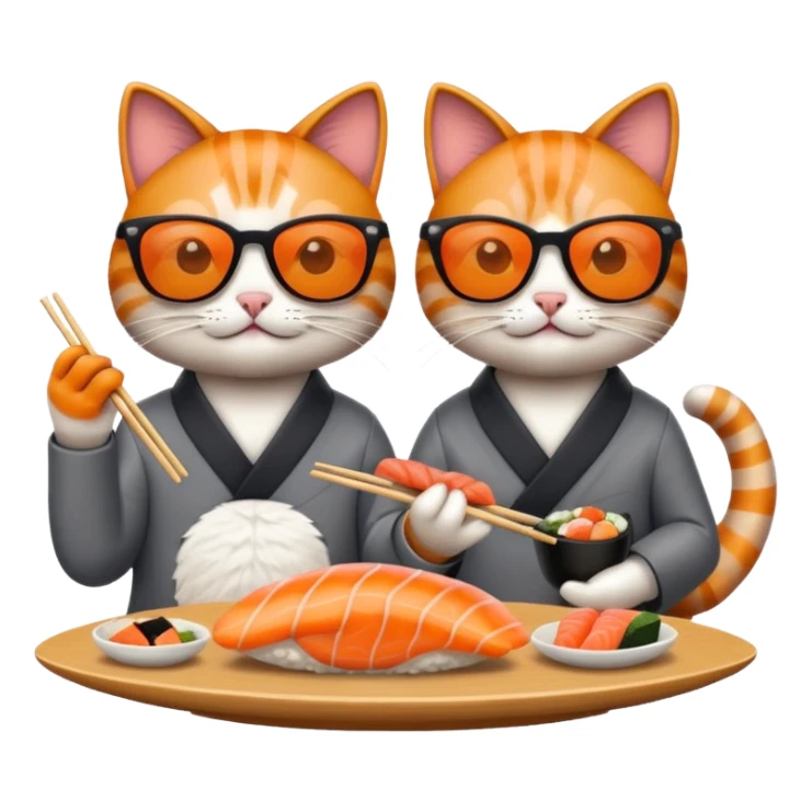 two stylish cats in sunglasses, eating sushi together, emoji style sticker