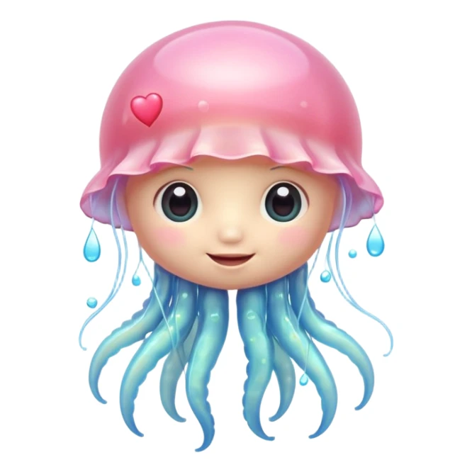 adorable jellyfish with shiny plastic look, huge sparkling eyes, tiny body, friendly smile, rosy cheeks, fine textures, soft pastel colors with bright accents, small heart accessory, detailed shading sticker