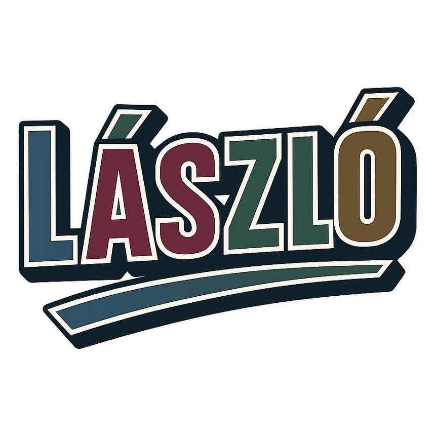 The name 'László' in a masculine, modern font with gradient coloring. Use precise Hungarian characters with dark outlines. The letters are extra thick with a prominent white letter border. Include a dynamic, slanted underline. The gradient colors are masculine shades of blue, gray, burgundy, green, and brown. The image is 1000x1000 pixels, PNG format, with a transparent background. sticker