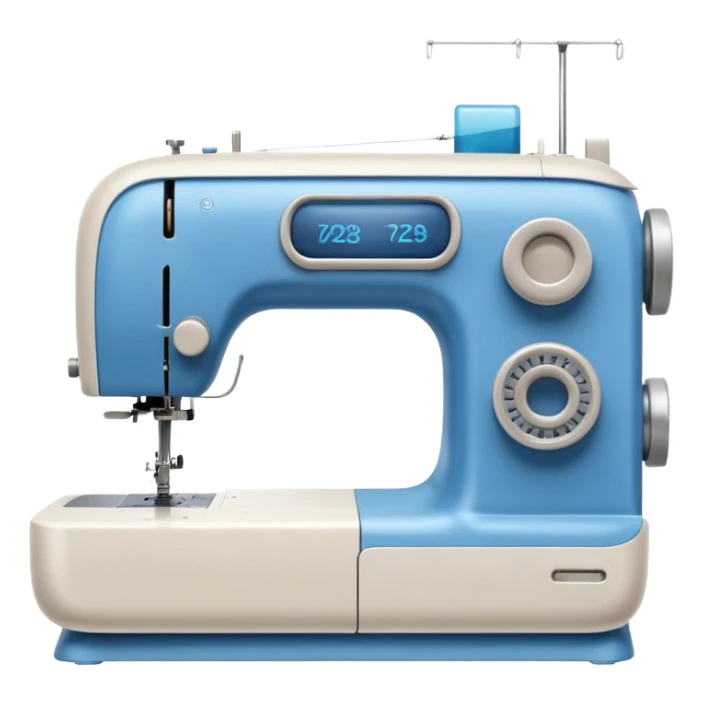 Emoji of a modern sewing machine inspired by a Brother machine. Soft, rounded shapes in the style of Apple emojis, with subtle gradients and soft shadows. White body with light gray details, a blue thread spool on top, a small digital screen and a round dial. sticker