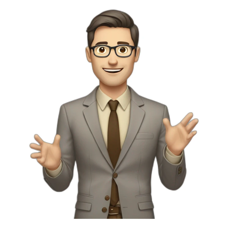 To belt Actively gesturing with hands Okay Pale skinned fit man with dark brown hair in gray jacket, beige office shirt, brown tie, brown pants and vintage glasses. sticker