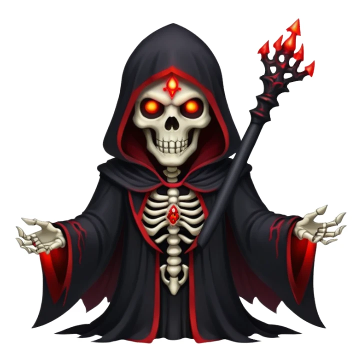 evil dark skeleton lich with black robes and red glowing eyes sticker