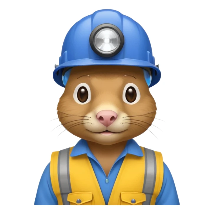 a mole rat, blue helmet, headlamp, yellow worker cloth sticker