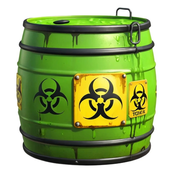 3D render of Biohazard Barrel, toxic waste aesthetic, neon green bubbling liquid, caution yellow metal, industrial warning texture, Apple emoji style, isolated on white background --v 6.0 sticker