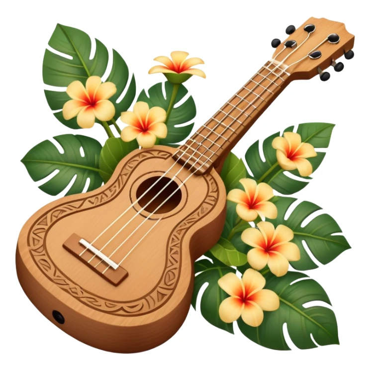 Ukulele with Polynesian carvings with flowers behind it sticker