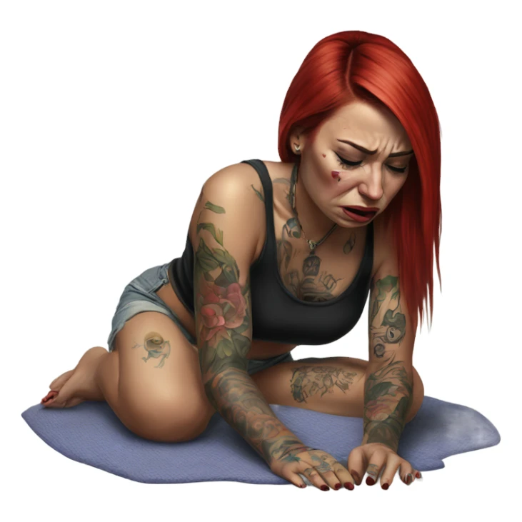 Hyper Realistic Beautiful tattooed woman crying sadly on the floor  sticker