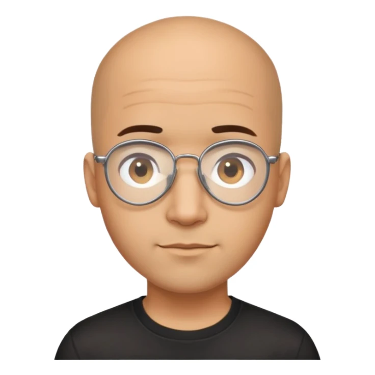 Light brown skinned Latino man with oval face, aviator glasses, completely bald sides with extremely short dark curly hair only on crown, friendly neutral expression, casual black t-shirt sticker