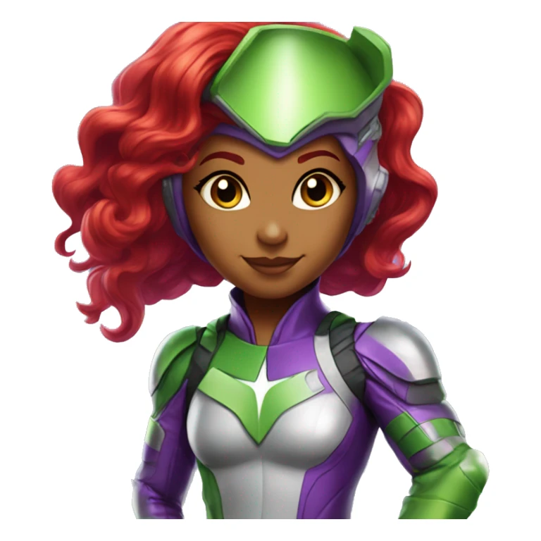 dc comics starfire red hair; purple silver spacesuit; eyes green sticker