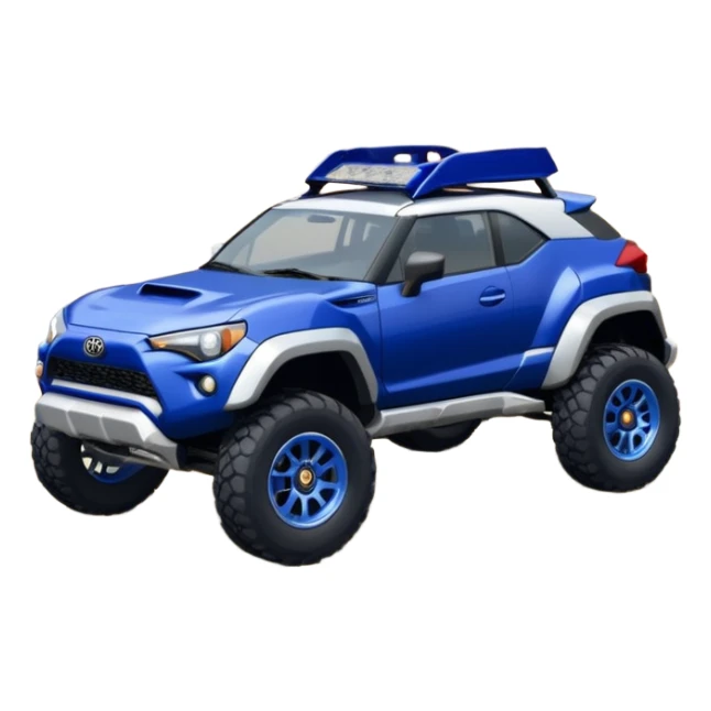 Rally race car Widened roof Long wheelbase widened pearly midnight satin dark blue  2025 Toyota GR86 off-road racer chrome nerf bars,side steps mounted under-door-sill climbing rock sliders, and silver satin wheels  sticker