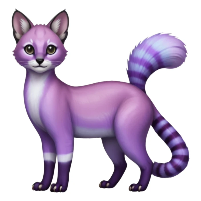 Colorful dark tropical pastel-lilac-lavender-violet iridescent pastel white glorious divine exotic cute cool beautiful shiny beautiful fantasy-caracal-civet-genet-sergal-vernid-Cacomistle-oncilla-animal-Fakémon-hybrid-fursona (full body) sticker