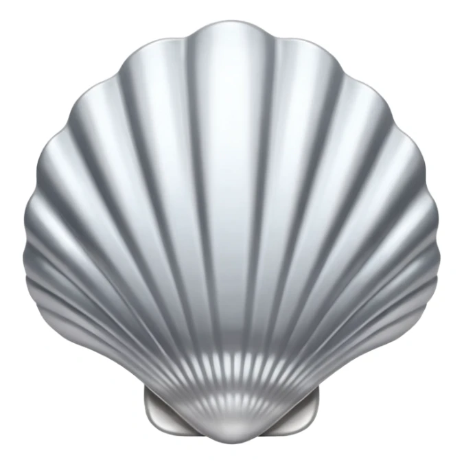 A seashell emoji made of polished silver chrome, smooth curved surface, reflective metallic highlights, elegant minimal design, iOS emoji style, centered, clean white background, soft lighting sticker