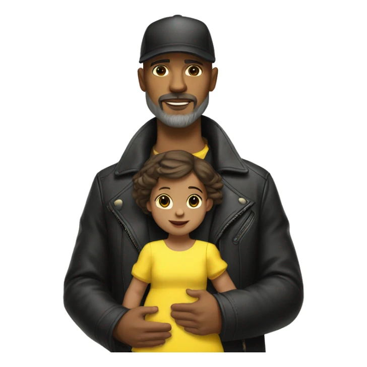 White-skinned man with stubble, gray beard, brown hair, black eyes, black Reebok cap, leather jacket, holding infant girl in yellow dress with yellow bow. sticker