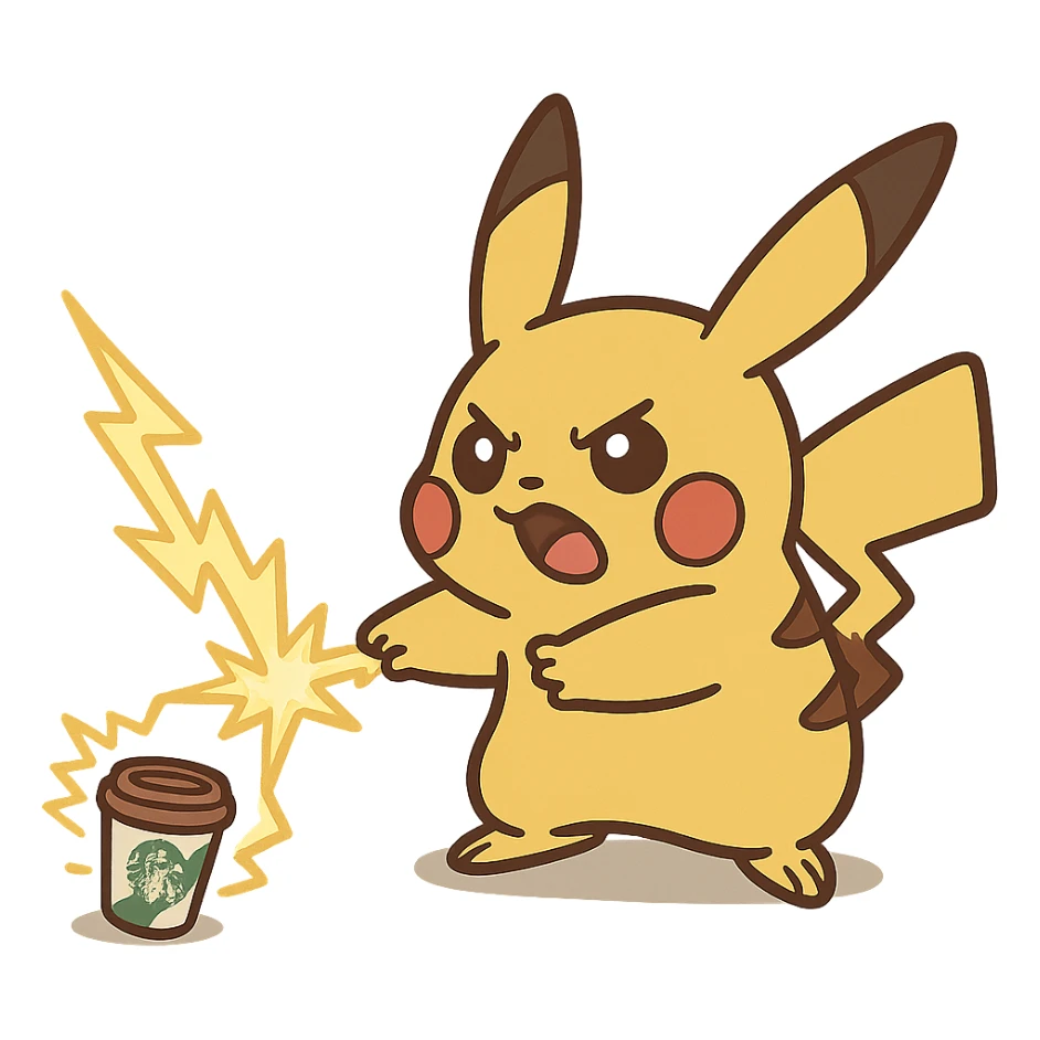 playful style Pikachu zapping a Starbucks cup to shrink it sticker