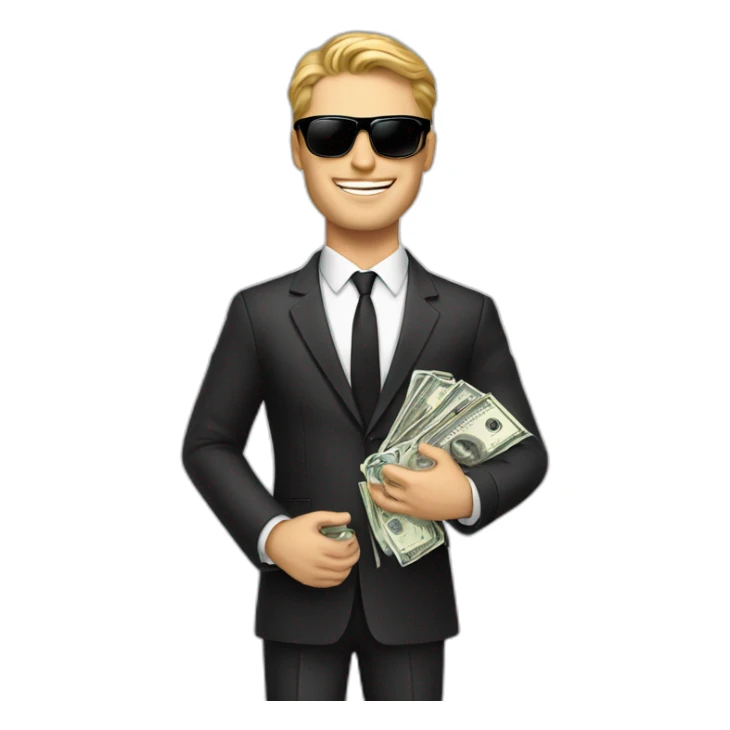 white handsome man with lot of dollars in hands wearing elegance suit and black shades sticker