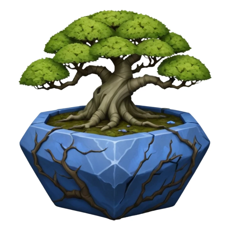 Alien very old broken cracked intricate Stone Age rocky-crusted dodecahedron-shaped shallow dark moss rough bark blue willow flowered maple tree bonsai pot sticker