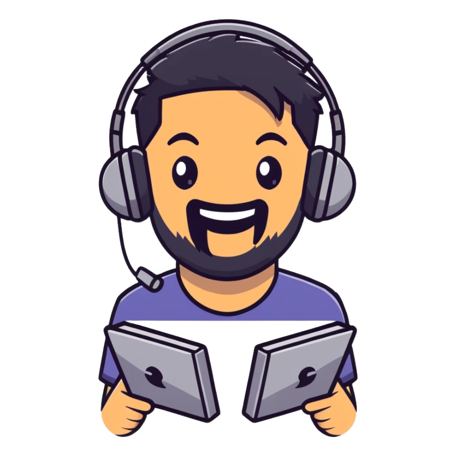 anime style laughing man with black hair, brown eyes, black beard wearing gaming headset sticker