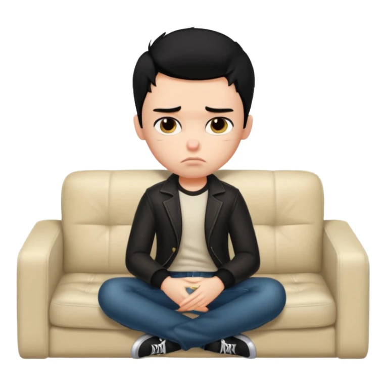 a pretty bratz boy with black hair and fat on a sofa looking sad sticker