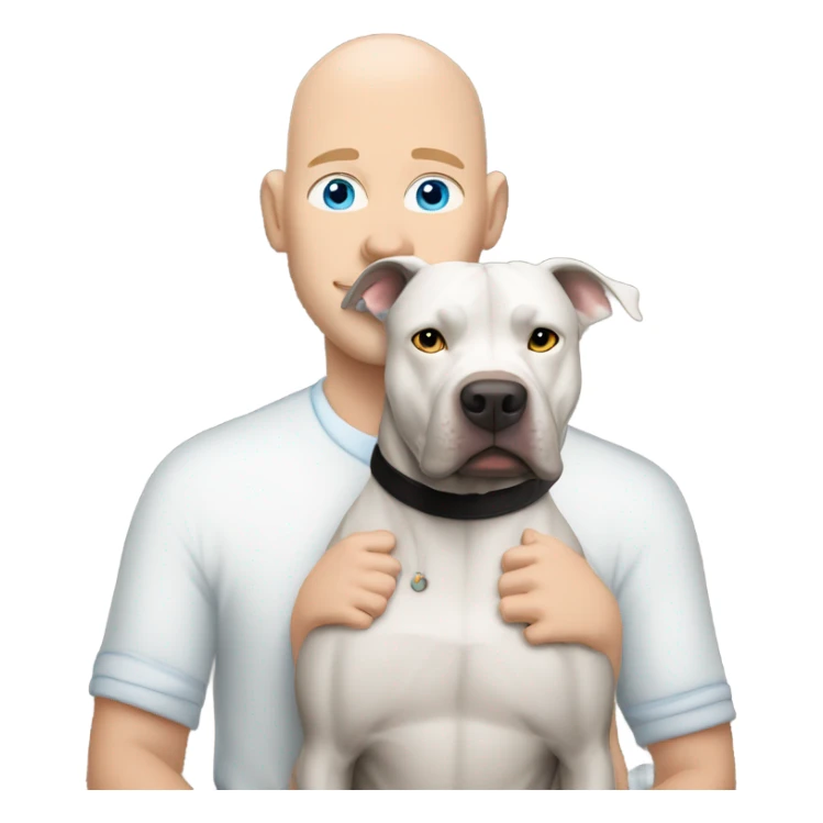 white bald man with blue eyes hugging large dark grey pit bull sticker
