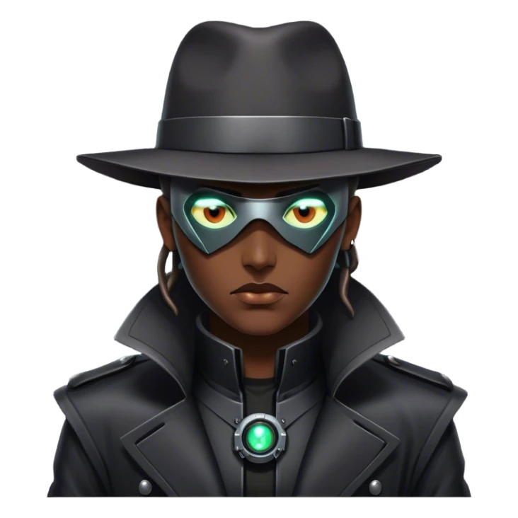 A dystopian bounty hunter, black trench coat, cybernetic eye glowing sticker