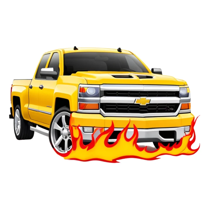 Yellow Chevrolet Silverado with custom red flame artwork specifically on the front bumper, hood remains plain yellow, authentic Kill Bill truck design, 30-degree angle, iOS emoji style sticker