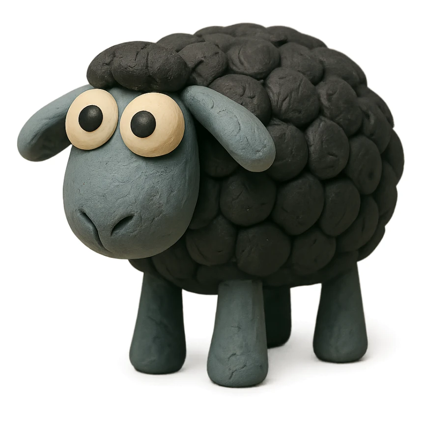 cute sheep with black wool and big eyes, soft pastel colors, hand-molded details, claymation style sticker