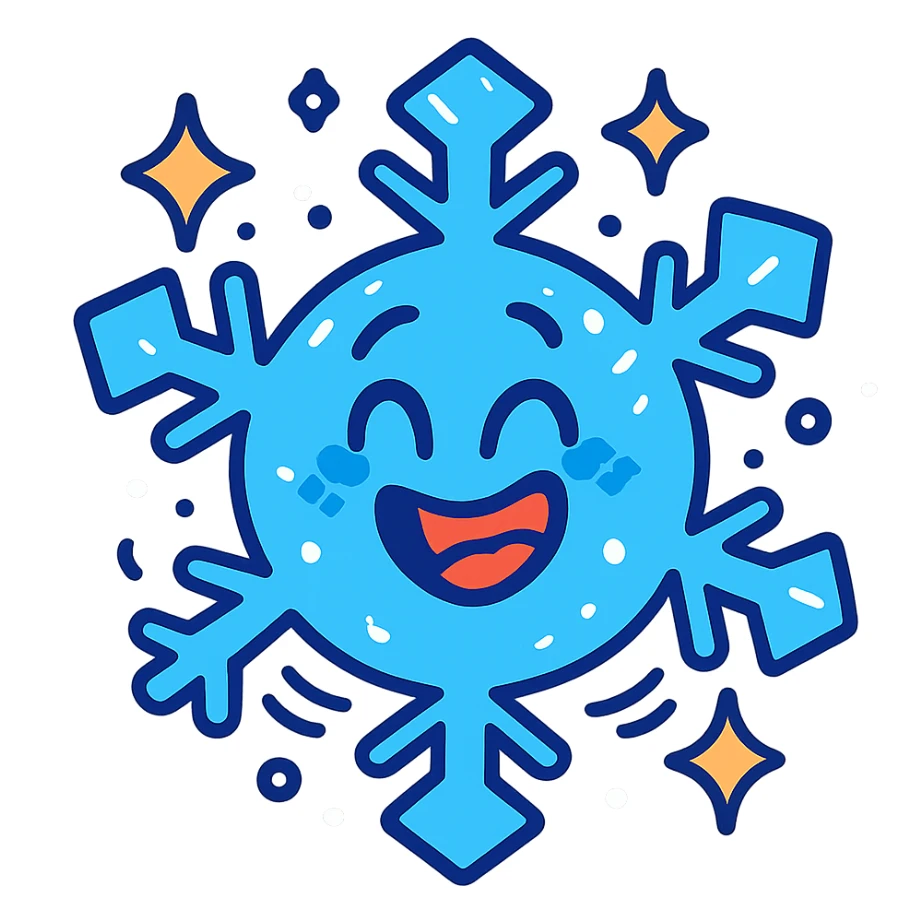 cheerful snowflake character with a big grin, sparkling and shivering from the cold sticker