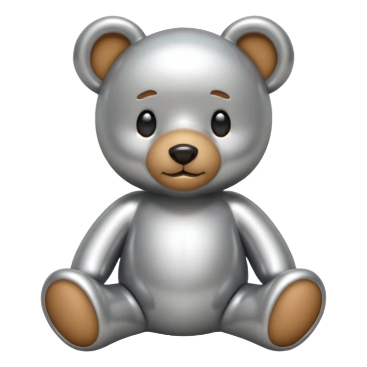 A cute teddy bear emoji made of liquid silver chrome, smooth rounded body, glossy metallic surface, soft reflections, friendly proportions, iOS emoji style, centered, clean white background sticker
