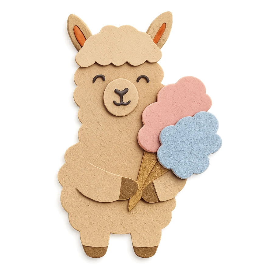 alpaca holding cotton candy bouquet in paper-craft style sticker