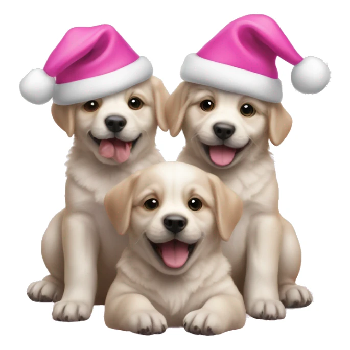 3 happy puppies with pink Christmas hat sticker