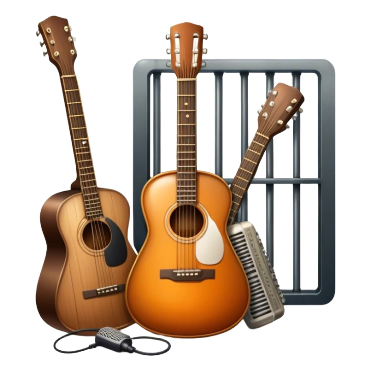 Icon for Chanson Music: A microphone with a whiskey bottle and a guitar, representing Russian chanson, surrounded by symbolic elements like prison bars, traditional acoustic instruments, and urban vibes. Transparent background. sticker