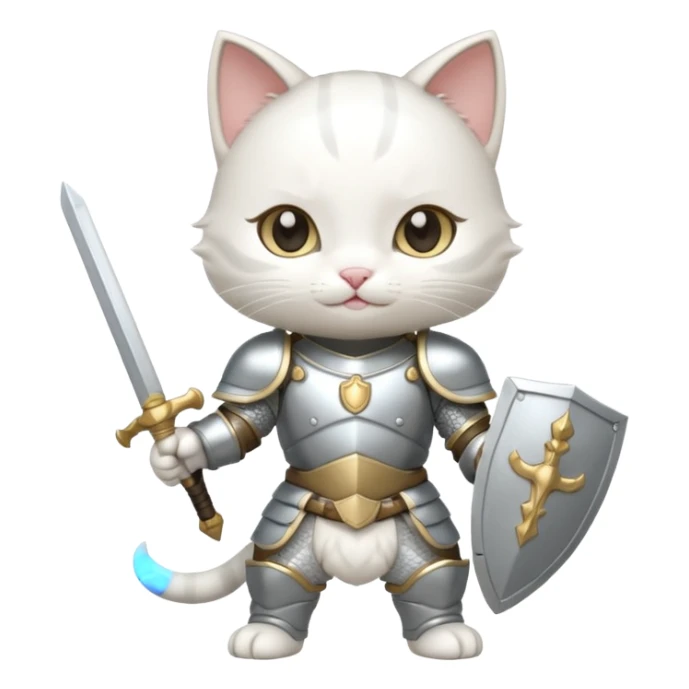 baby chibi white cat in silver armor, full body, smile, hold sword sticker
