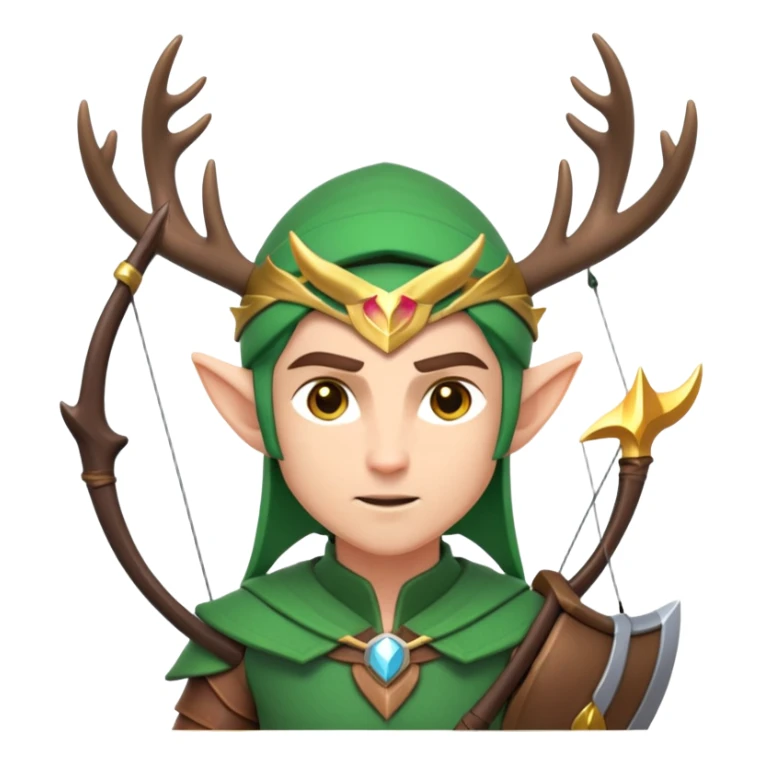 clash-of-clans-aesthetic-focused-elf-archer-portrait-emoji, rendered in a flat, vector-style similar to standard emojis with minimal shading and bold, simplified shapes, head tilted slightly forward with a determined, focused expression, riding a majestic stag with antlers glowing faintly with mystical energy. sticker