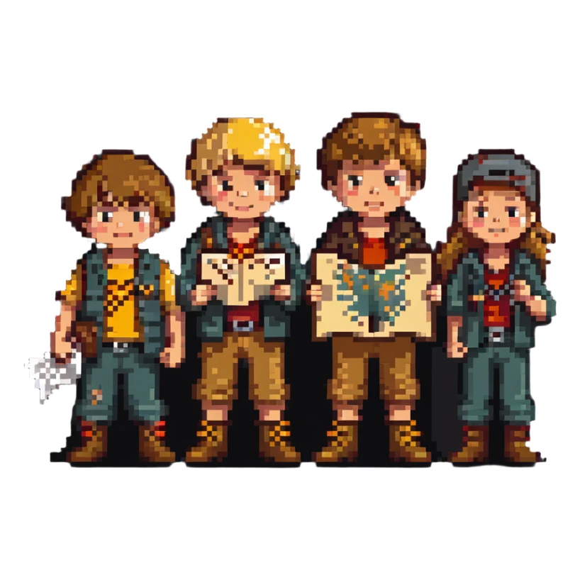 group of kids from the Goonies movie with treasure map sticker
