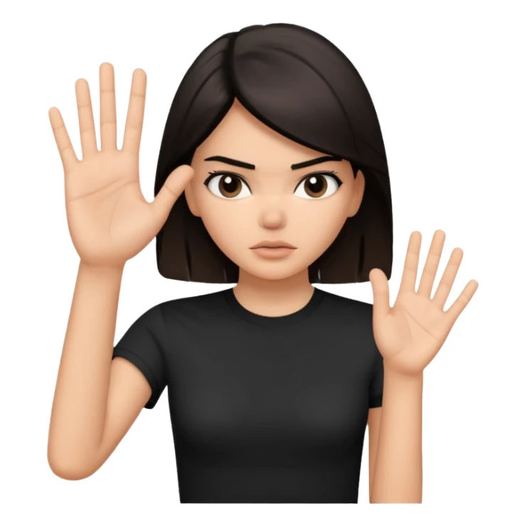 kendall jenner looking anoyed and showing her palm which is small signalising stop sticker