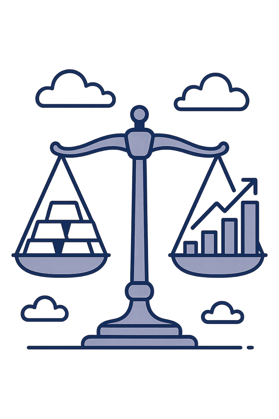 digital balance scale with gold on one side and stocks on the other, flat modern style, Middle Eastern finance theme sticker
