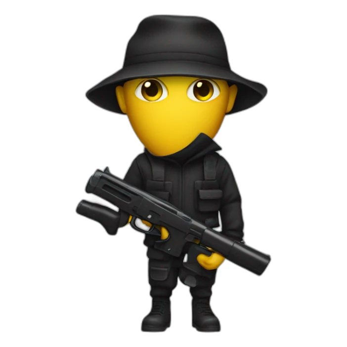 person that looks like a robber with a black watergun with yellow skin sticker