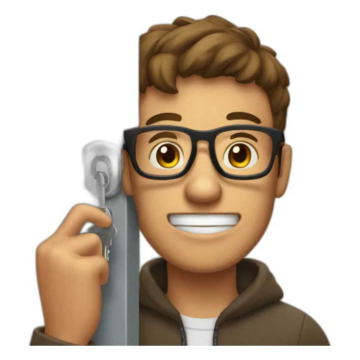 brown-short-haired man wearing glasses, struggling to fit a key into a door-lock sticker