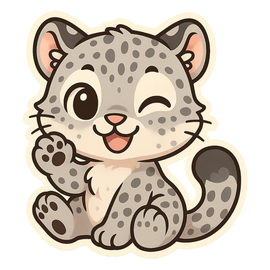 snow leopard emoji, cute cartoon style, big eyes, playful expression sticker