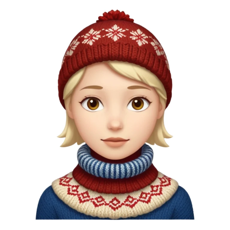 Fantasy human emoji portrait, knitted winter collar with simple pattern, festive but subtle look, warm colors, minimal fantasy style, clean emoji design, male/female variant
 sticker