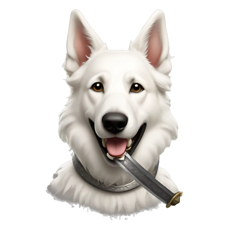 White Shepherd with a sword in his mouth sticker