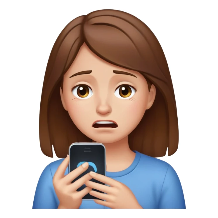 Girl with brown hair crying holding phone sticker