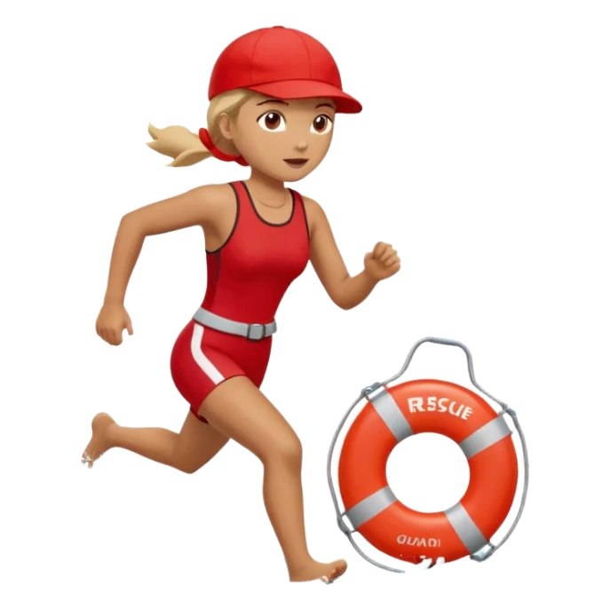 Female lifeguard – red cap, running along shore with rescue buoy sticker