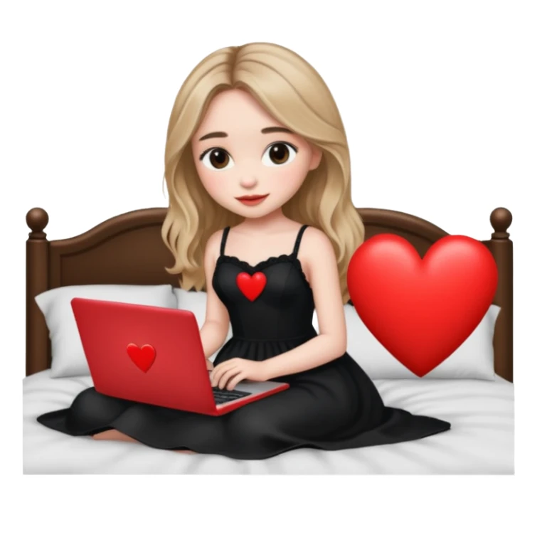 Sabrina carpenter in a black nightdress sitting on a bed with her laptop open and there is a heart on her laptop  sticker