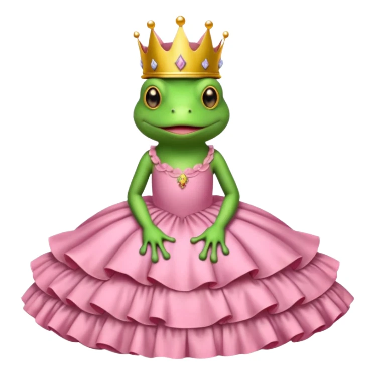Brown bed with white sheets and a pink comforter.  In the bed sits a frog in a frilly little pink dress, wearing a crown and sitting like a frog would normally sit. sticker